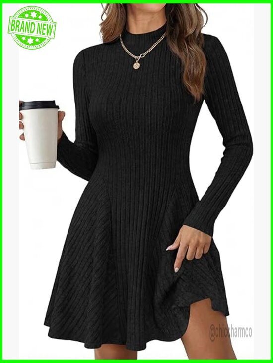 Dresses & Skirts - Ribbed Knit Mock Neck A-Line Sweater Dress Long Sleeve Fit Flare